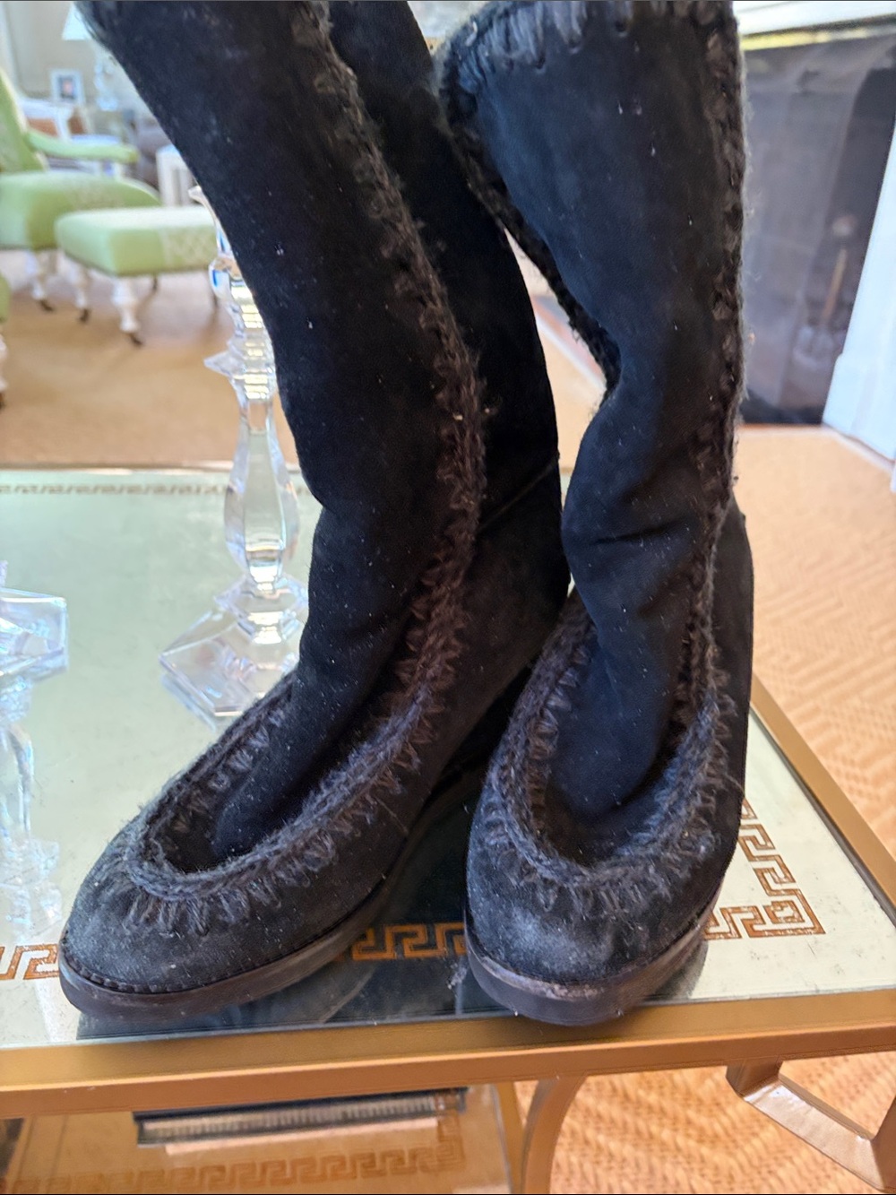 Mou Black Suede Mid-Calf Shearling-Trimmed Wedge Boots